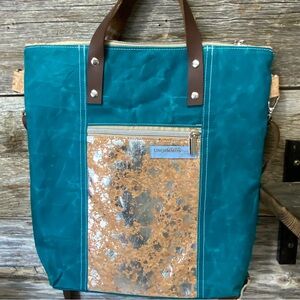 Women’s waxed canvas and cork fabric crossbody tote bag